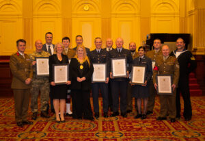Group photo of certificate recipients with Lord Lieutenant and Brigadier Ben Wrench