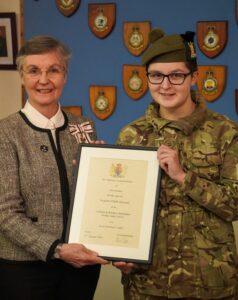 Lord-Lieutenant for West Lothian Moira Niven with Cadet Sergeant Howard