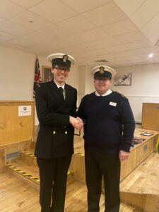 Chief Petty Officer Galloway handing over to Petty Officer Colin Docherty as new Commanding Officer of Dunbar Sea Cadets