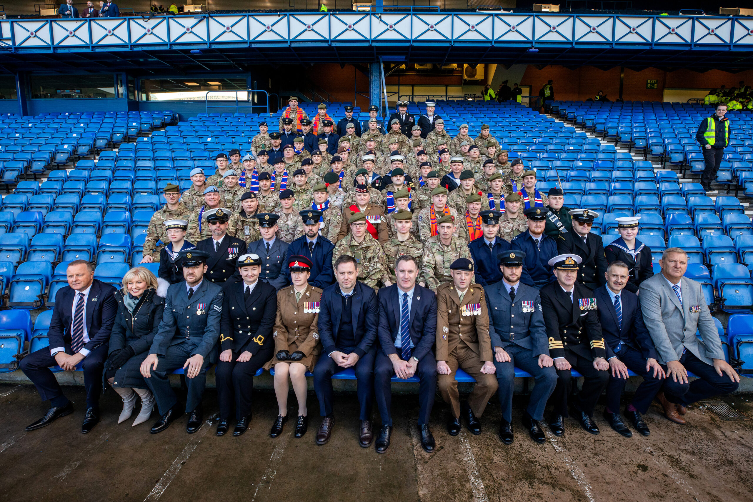 Representatives from all across the Armed Forces with Rangers Charity Foundation Director Connal Cochrane and club manager Michael Beale