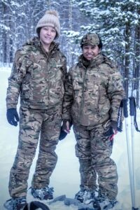 Kirsty and Tania enjoying a brisk hike in the snow after their night under canvas
