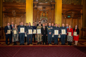 Recipients of both Lord-Lieutenant's Awards and Employer Recognition Scheme Awards grouped together at Edinburgh City Chambers.