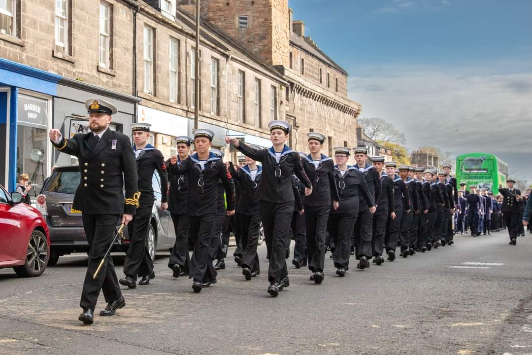 Musselburgh Sea Cadets on parade through Musselburgh town centre, led by Commanding Officer Chris Gay