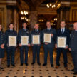 Reservists from 602 Squadron Royal Auxiliary Air Force pose with their Lord-Lieutenant's Awards alongside Honorary Air Commodore Charles Berry